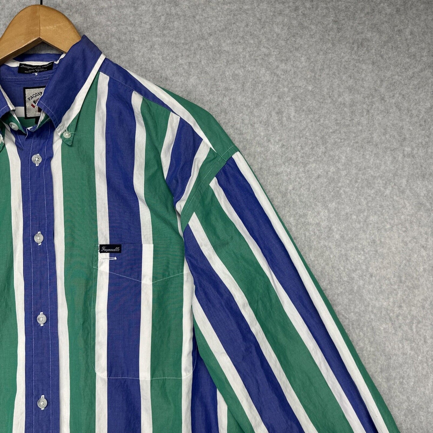 Faconnable Men’s Green Blue Striped Button Up Long Sleeve Dress Shirt (XL)