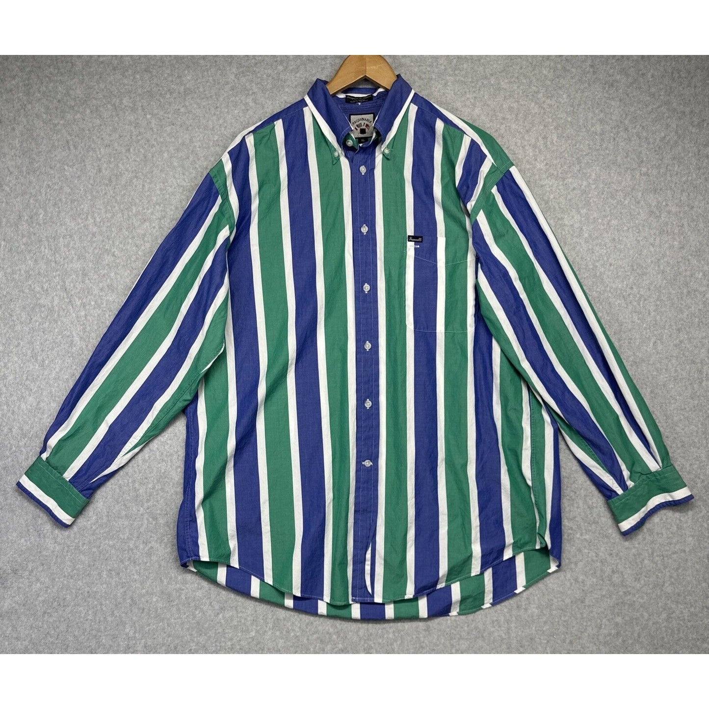 Faconnable Men’s Green Blue Striped Button Up Long Sleeve Dress Shirt (XL)