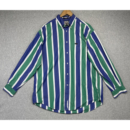 Faconnable Men’s Green Blue Striped Button Up Long Sleeve Dress Shirt (XL)
